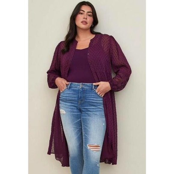 Torrid 1 (1X 14/16) Purple Clip Dot‎ Button Front Long Semi Sheer Kimono Blouse - Picture 3 of 3